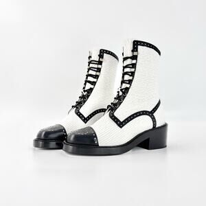 NIB Chanel CC Velvet and Lambskin White Black Platform Lace Up Ankle Boots 38.5
